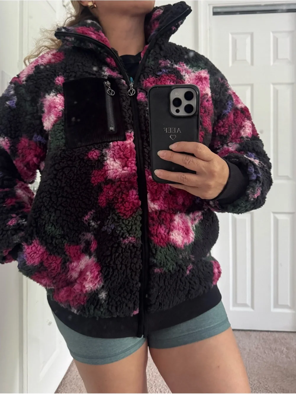 Victoria's Secret Black Sherpa Jacket with Pink Floral Print